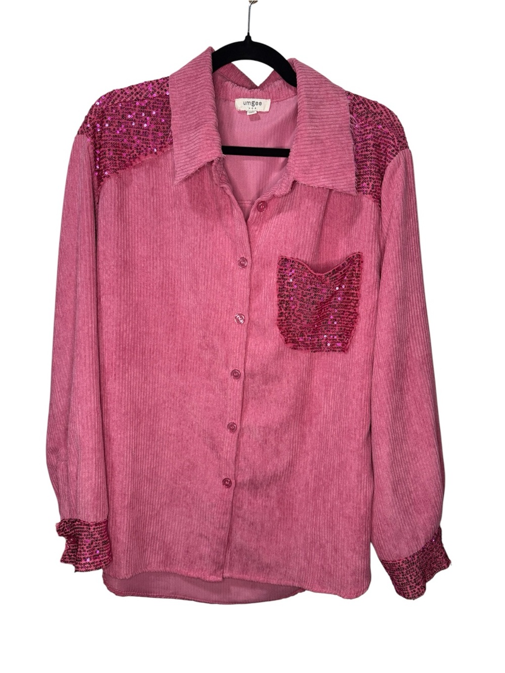 Umgee Pink Sequin Accent Corduroy Button-Up Western Oversized Button Up Barbie